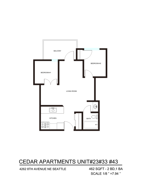 Floor plan for 2 beds, 1 bath, 462 sqft